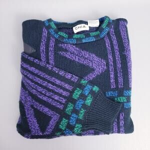 Vintage 80s Chia Geometric Color Block Leather Design Knitted Sweater Size M